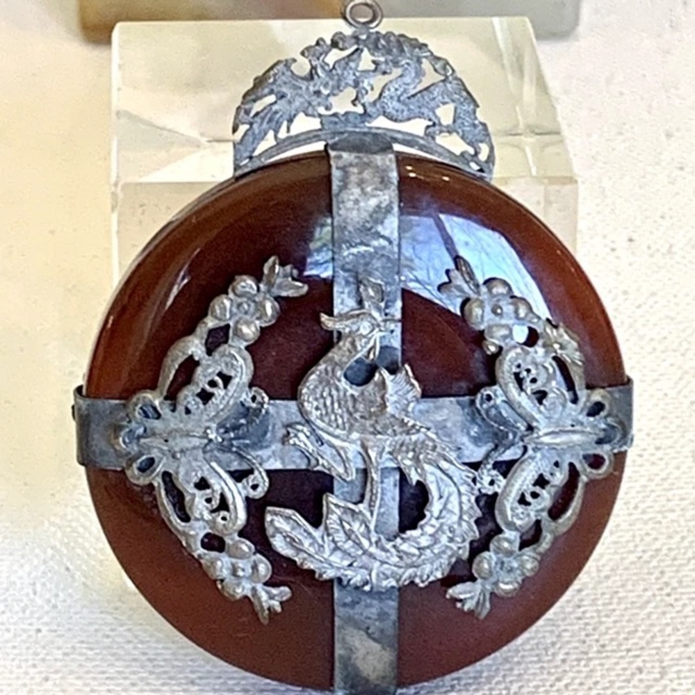 Vintage Red Jade Chinese Dragon Phoenix Pendant Miao-Style Metalwork Butterflies